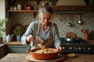Femme d'âge moyen préparant des haricots blancs et confit de canard dans une cuisine rustique