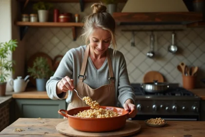 Femme d'âge moyen préparant des haricots blancs et confit de canard dans une cuisine rustique