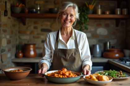 Femme française servant un cassoulet dans une cuisine rustique