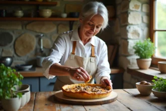 Femme en tablier préparant une tarte aux champignons dans une cuisine rustique