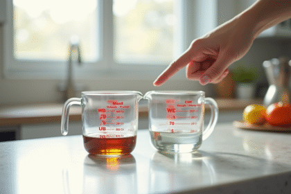 Cuisine moderne avec verres de mesure et tableau de conversion