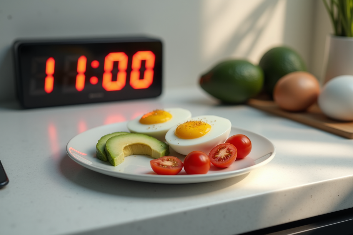 Assiette moderne avec oeufs avocats tomates cerises et horloge numérique