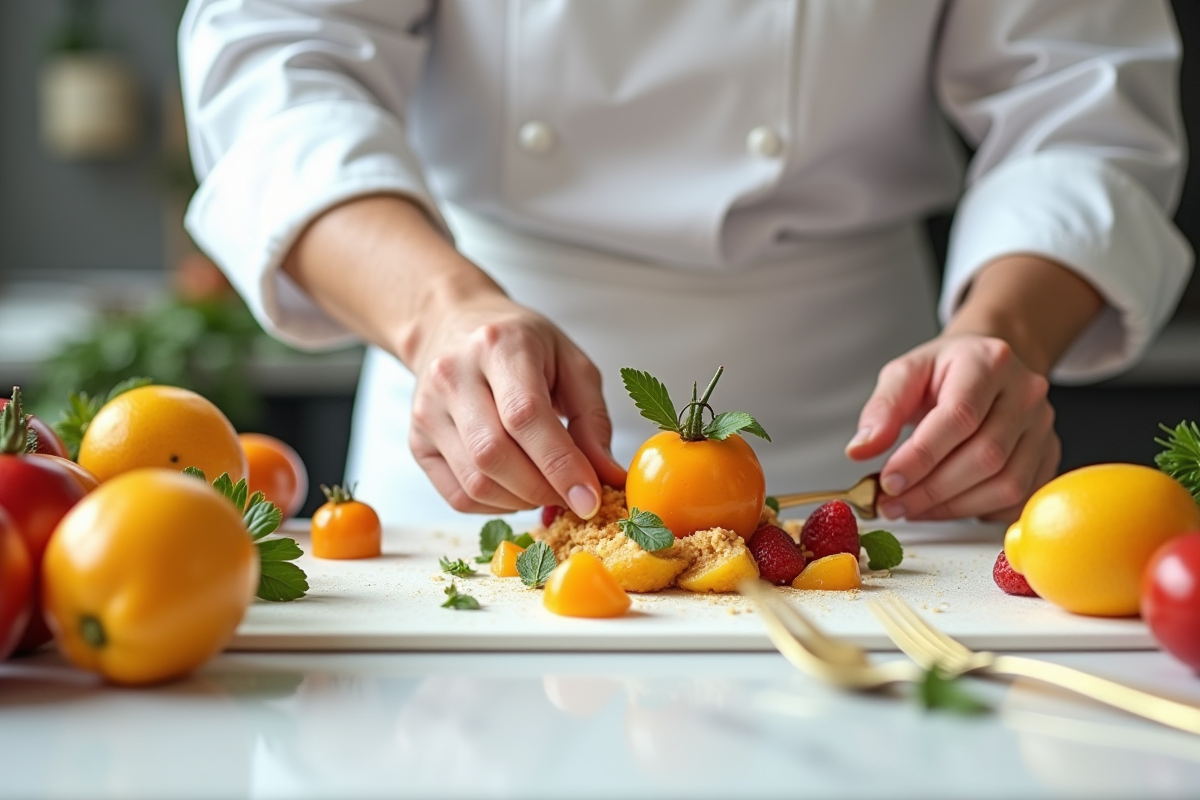 Chef préparant un plat avec fruits U sur plan blanc