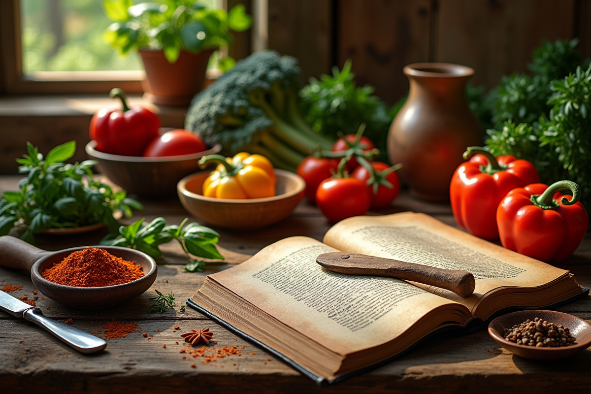 Table rustique avec outils culinaires et légumes bio