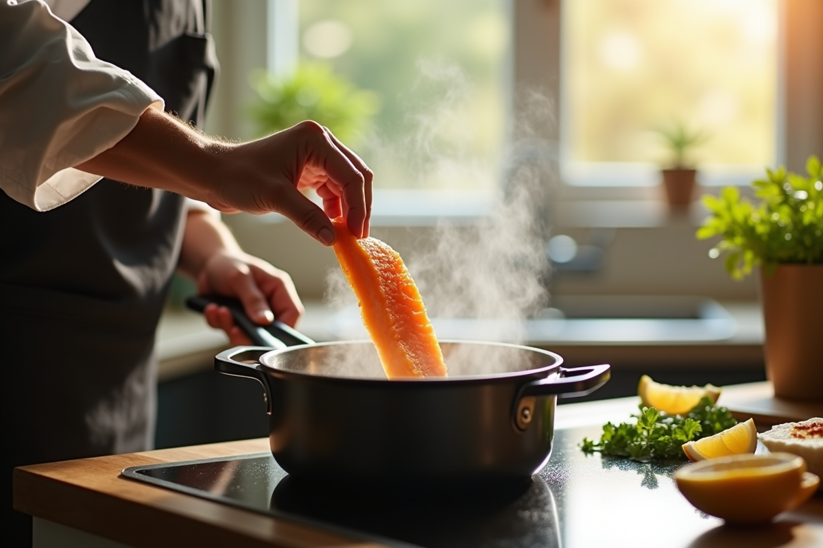 Chef déposant un filet de cabillaud frais dans une casserole en cuisine