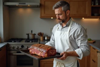 Cuisinier en blanc prépare un rôti de bœuf dans un four moderne