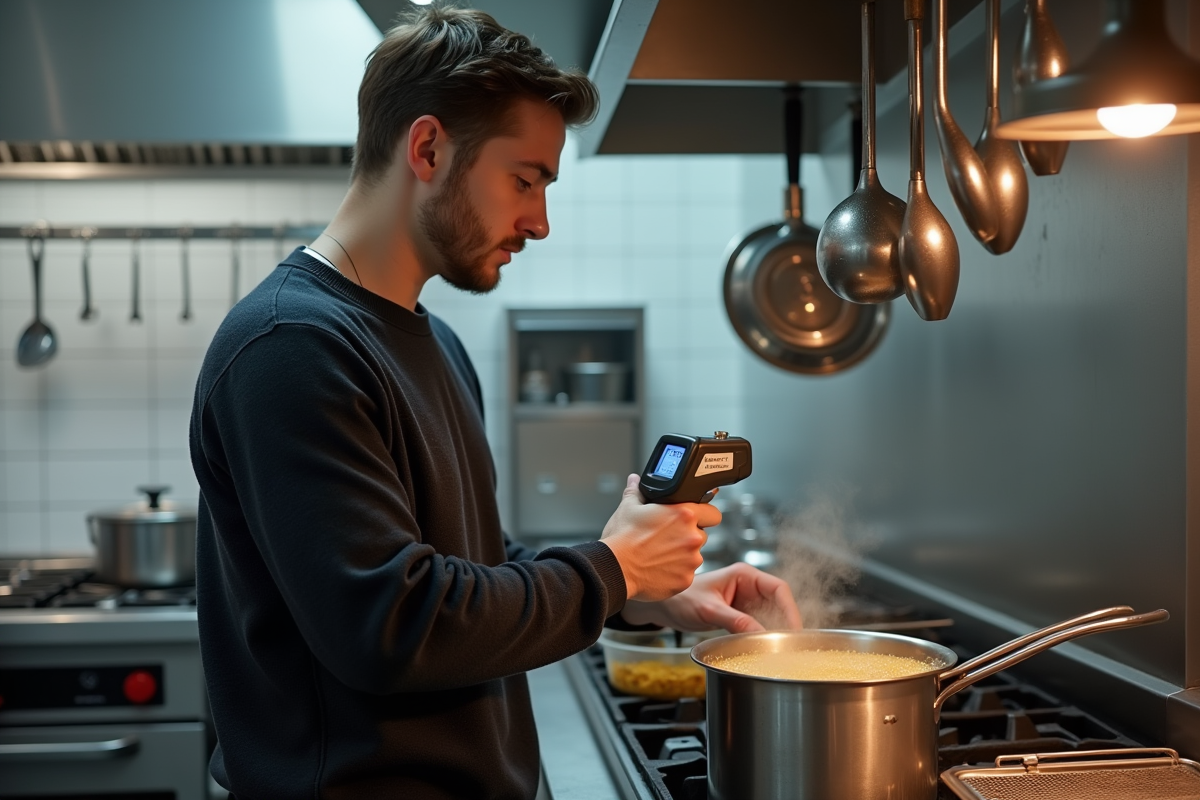 Jeune homme utilisant un thermometre dans une cuisine professionnelle