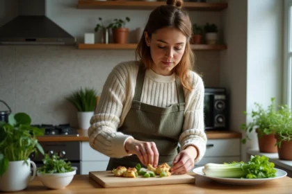 Jeune femme préparant des endives végétariennes dans une cuisine moderne