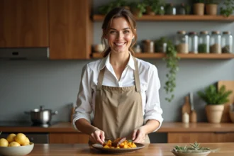 Femme souriante préparant un plat de veaux kidneys en cuisine chaleureuse