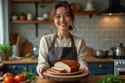 Femme souriante servant un rôti de porc doré dans une cuisine chaleureuse