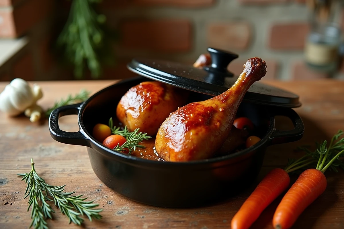 Cuisses de canard dorées dans une cocotte en fonte émaillée posée sur une table en bois rustique, entourées de légumes aromatiques et de thym frais