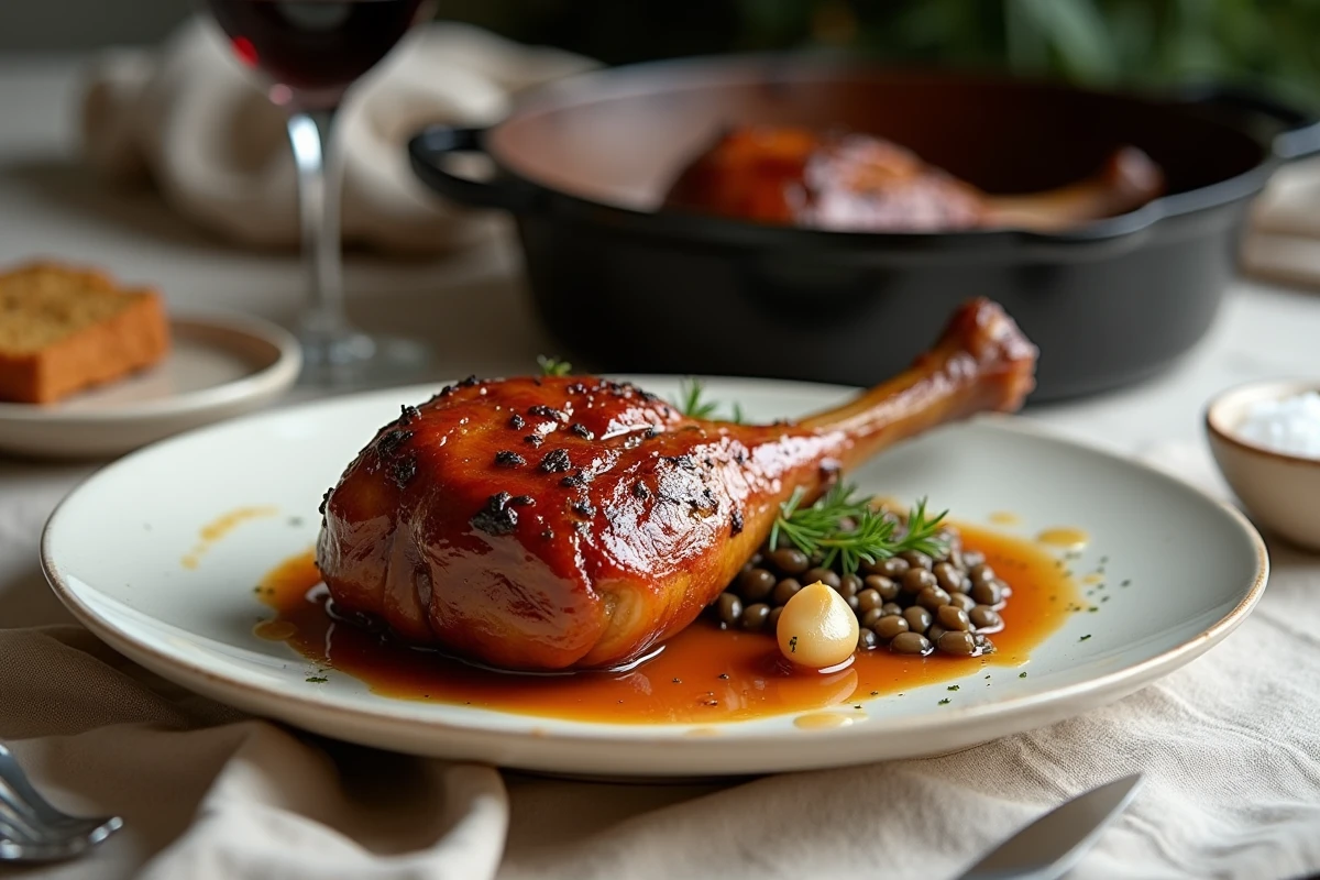 Cuisse de canard confite et fondante servie sur une assiette en céramique crème avec lentilles et ail rôti, cocotte en fonte visible en arrière-plan