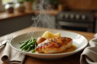 Cuisse de poulet dorée servie avec pommes de terre et haricots verts dans un assiette blanche sur table en bois rustique