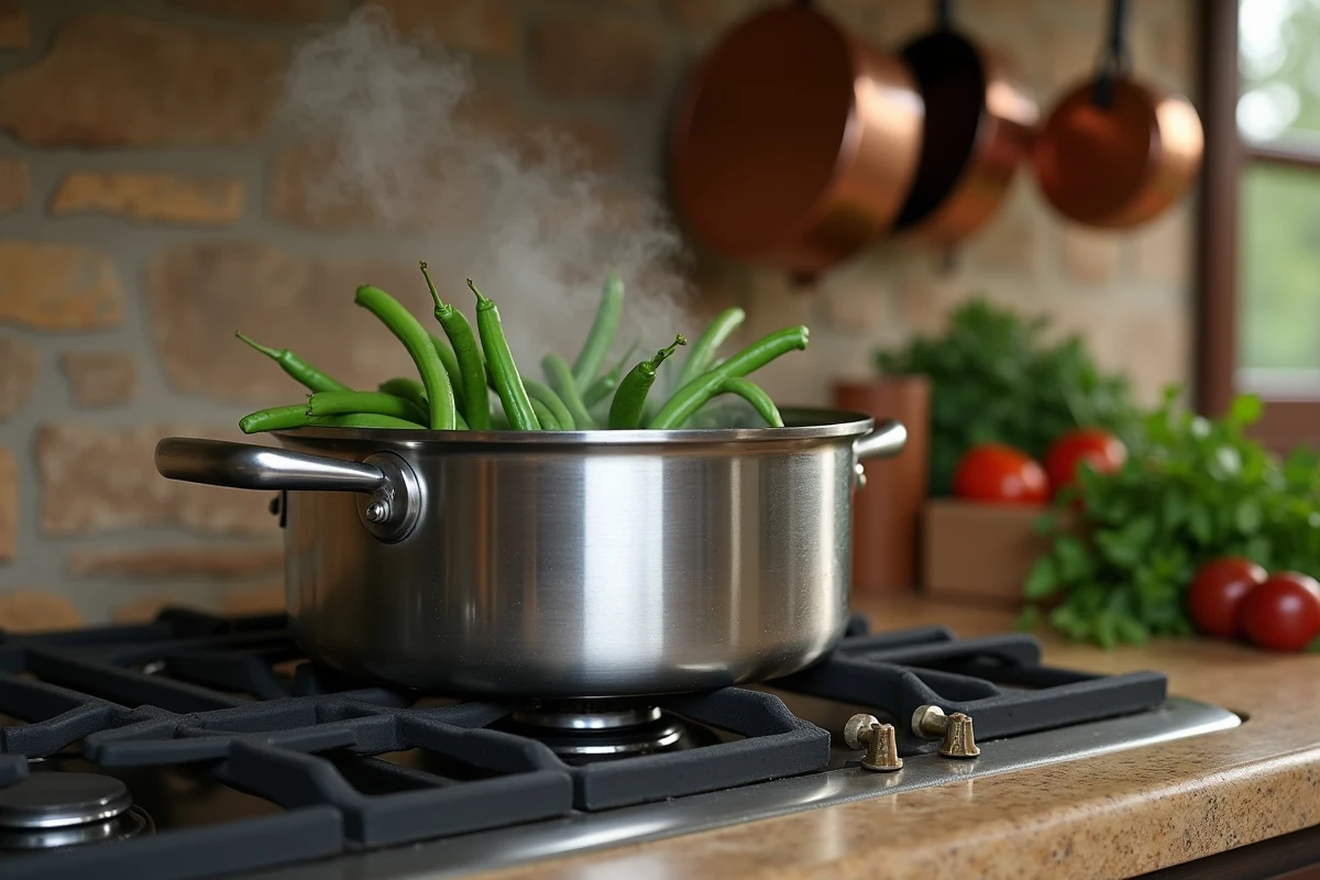 Cocotte minute en inox sur feu de gaz avec haricots verts en cours de cuisson vapeur