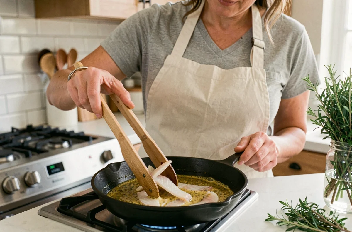 Femme cuisinant une julienne de poisson à la moutarde dans une poêle en fonte sur un fourneau à gaz