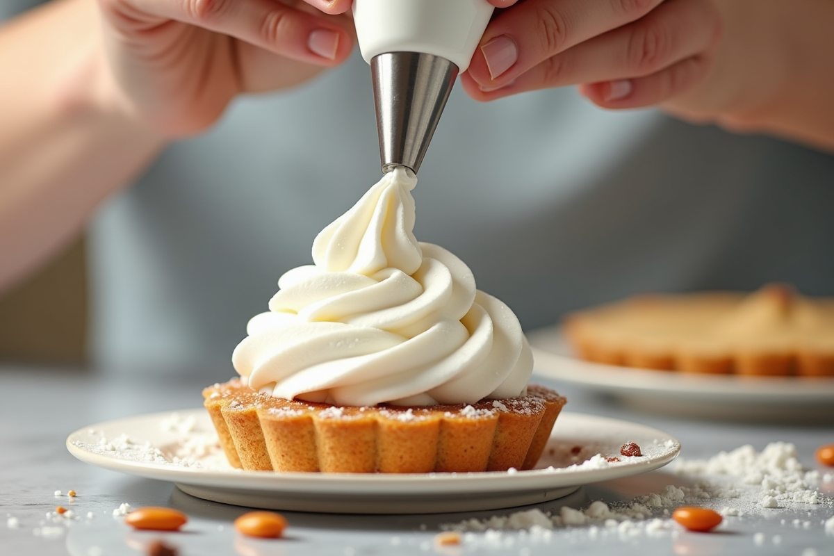 Dispensation de chantilly sur un dessert avec mains visibles