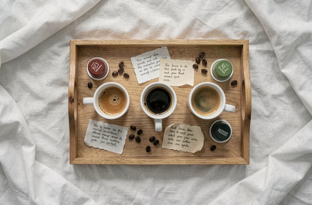 Plateau petit-déjeuner avec trois expressos et leurs capsules compatibles Nespresso accompagnés de notes de dégustation manuscrites
