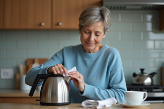 Femme en pull bleu désincrustant son bouilloire électrique