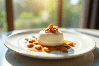 Dessert aux amandes élégant sur assiette blanche