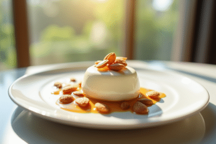 Dessert aux amandes élégant sur assiette blanche