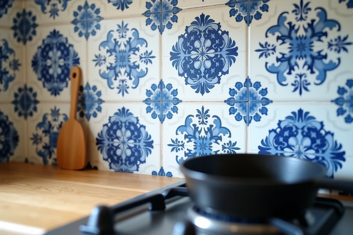 Gros plan d'un papier peint lessivable motif carreaux bleu et blanc style Delft derrière une cuisinière à gaz en remplacement de la faïence