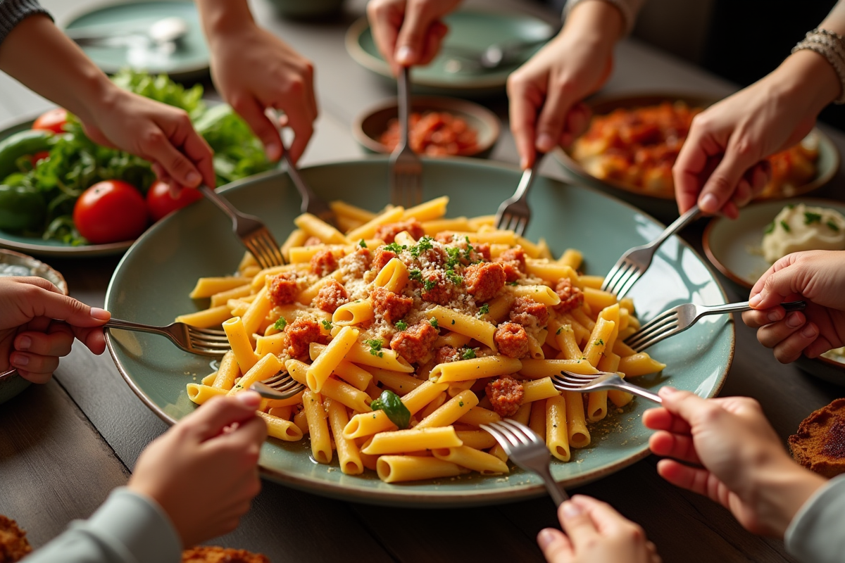 Scène de dîner familial avec pâtes et légumes colorés