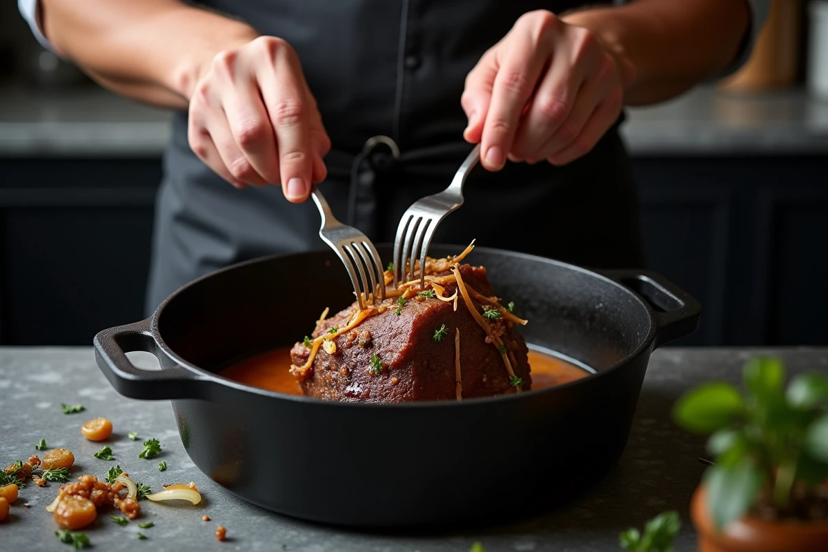 Chef effilochant une épaule d'agneau confite dans une cocotte en fonte noire, viande ultra fondante se séparant facilement à la fourchette