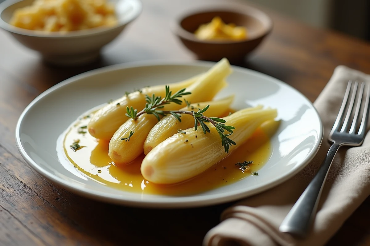 Assiette d'endives braisées dorées servies avec du thym frais sur une table en chêne, résultat de cuisson à la cocotte minute