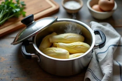 Cocotte minute ouverte avec des endives braisées à l'intérieur, vapeur visible sur un plan de travail rustique en bois