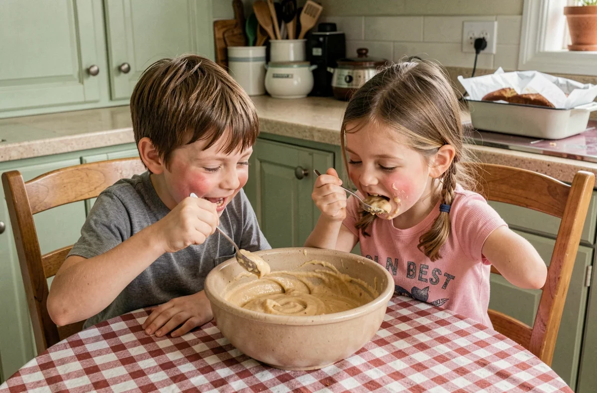 Deux enfants goûtant la pâte à gâteau poire yaourt dans une cuisine familiale