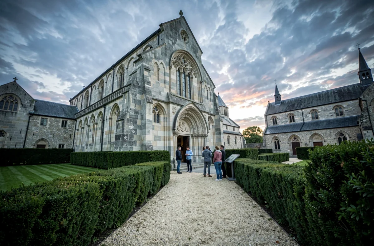 Façade extérieure d'une abbaye cistercienne avec des visiteurs devant le portail roman sculpté