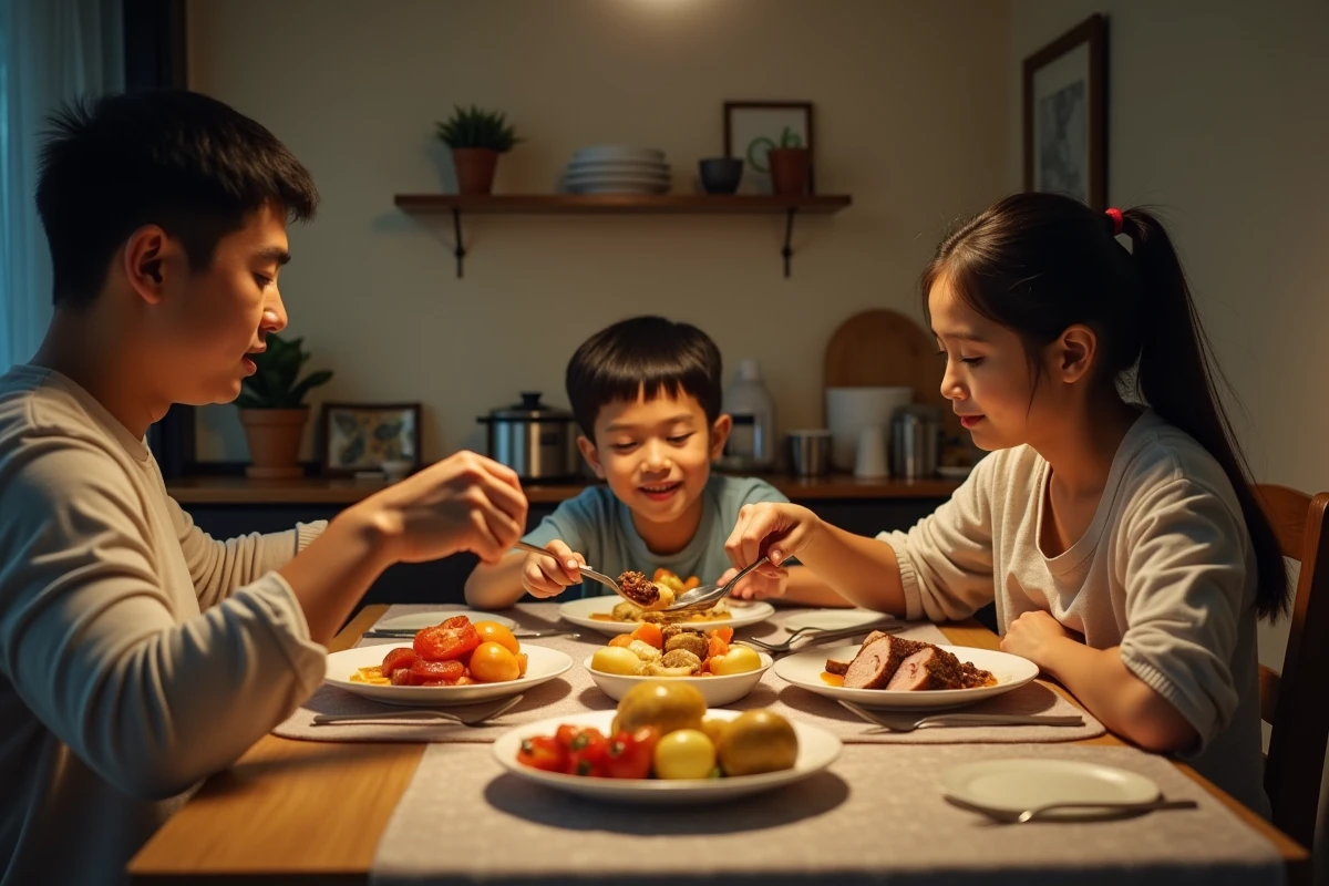 Famille dégustant un repas de rôti de porc dans une salle à manger simple