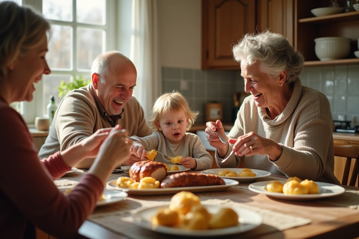 Famille multigenerations partageant un repas de rôti de porc