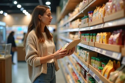 Femme examinant des produits antiwaste en supermarche