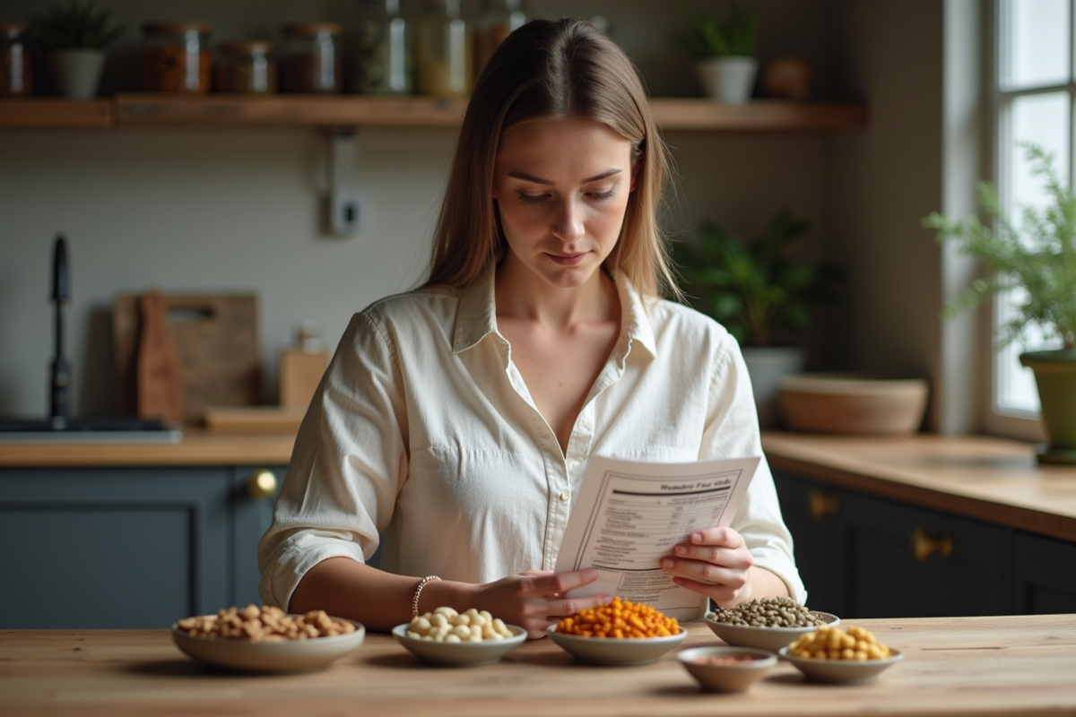 Femme comparant des fruits secs riches en proteines dans la cuisine
