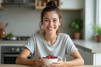 Femme souriante dégustant un bol de yaourt et fruits frais