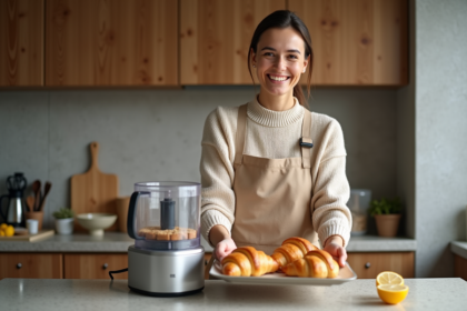 Femme souriante préparant des croissants dans une cuisine chaleureuse