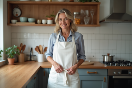 Femme d'âge moyen portant un tablier blanc dans la cuisine