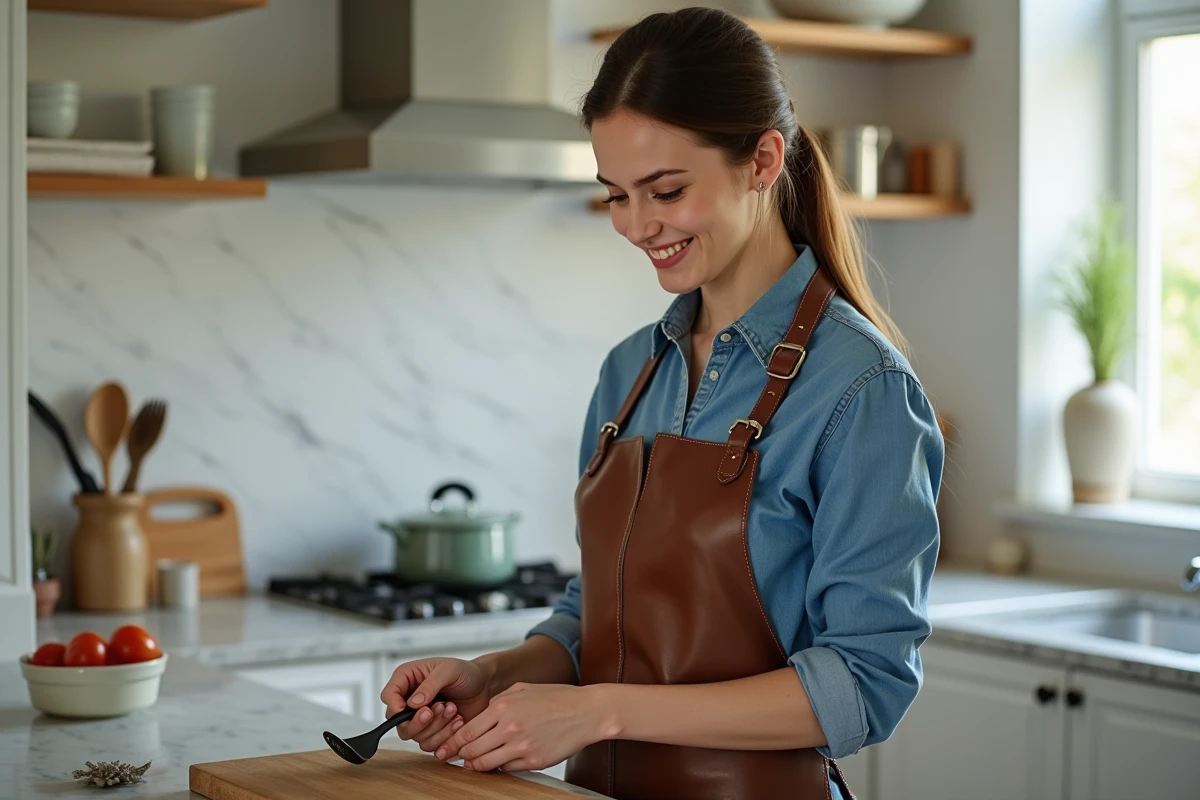 Jeune femme en cuisine ajustant des ustensiles avec sourire