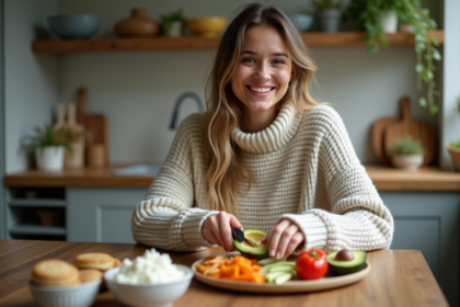 Jeune femme cuisine avec avocat et légumes frais