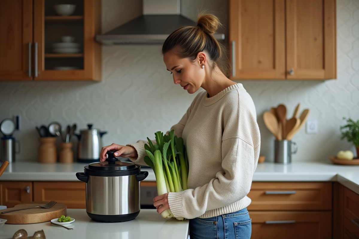 Femme vérifiant une cocotte en cuisine avec des endives