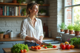 Femme souriante coupant des légumes dans la cuisine lumineuse