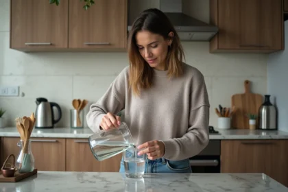 Femme versant de l'eau dans un verre mesureur en cuisine