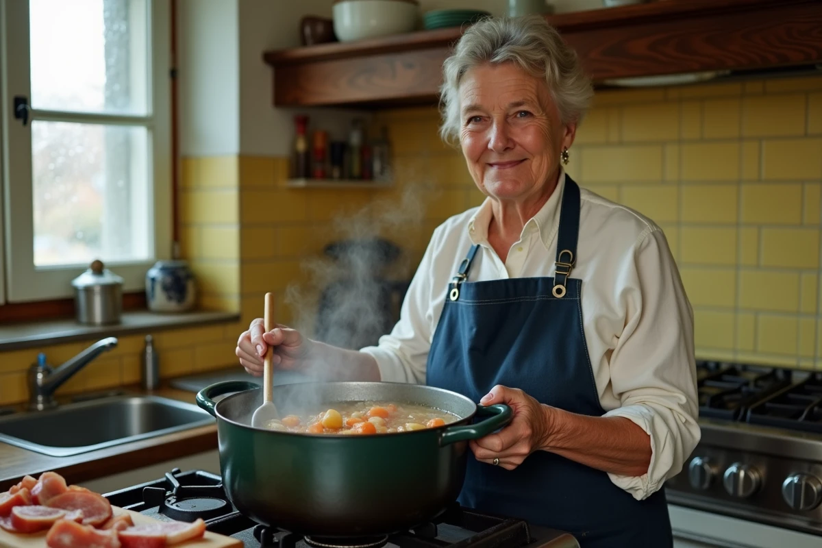 Femme d'âge mûr remuant une potée de campagne mijotant dans une grande casserole sur une cuisinière à gaz dans une cuisine familiale authentique