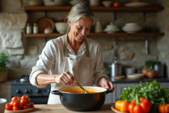 Femme en tablier en train de préparer une soupe pistou dans une cuisine rustique