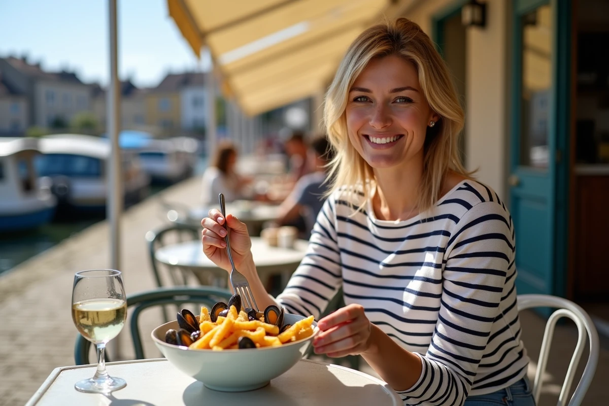 Femme dégustant des moules frites dans un bistrot de bord de mer en Normandie avec un verre de vin blanc