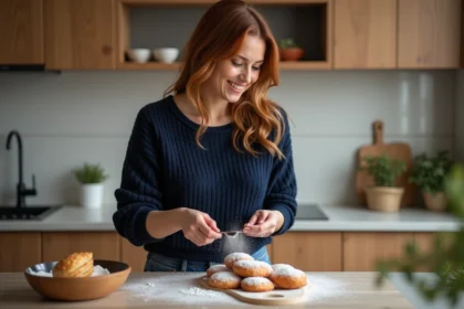 Femme souriante saupoudrant des beignets d'aubergine dans la cuisine