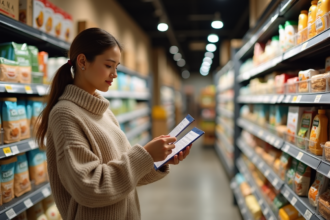 Femme comparant étiquettes d'aliments sains en supermarché