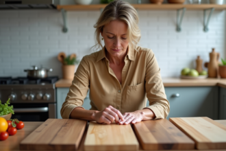 Femme examinant des planches en bois sur un plan de cuisine