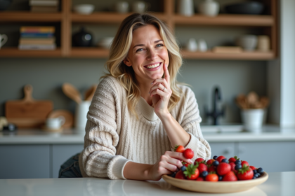 Femme souriante choisissant des fruits dans la cuisine